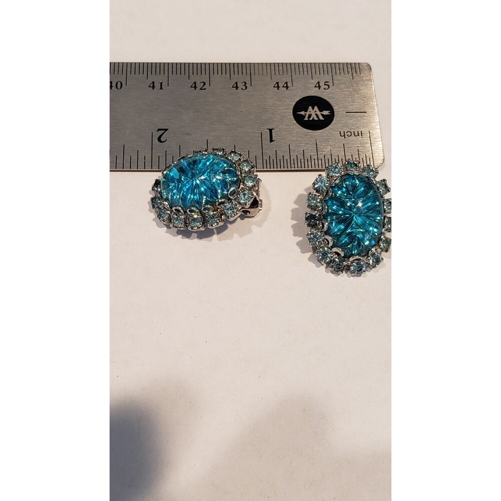 Vintage Earrings Big Molded Glass Cabochon & Rhinestone Judy Lee 1950s Sparkle - Picture 7 of 8